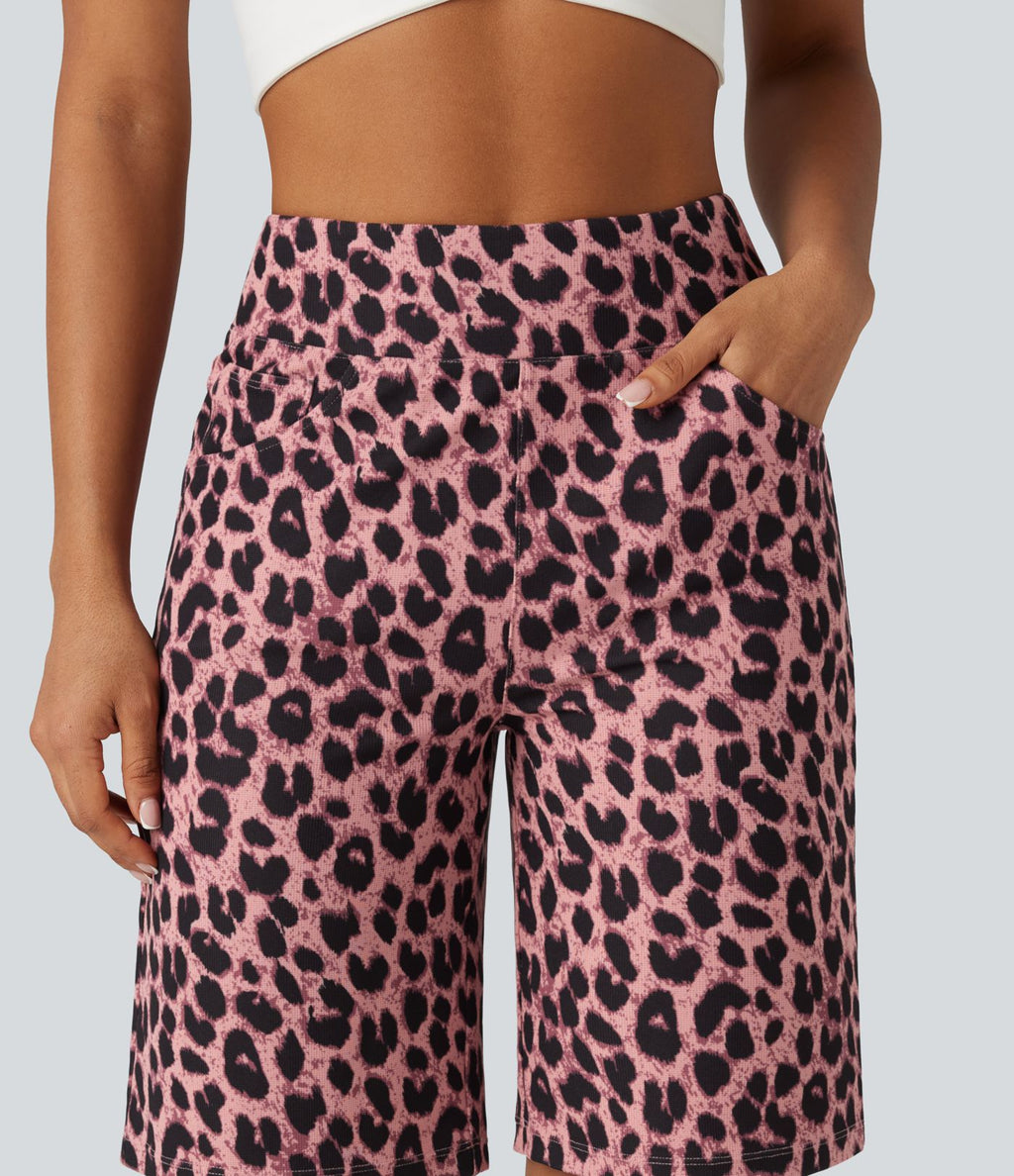 Short ample taille haute en tissu gaufré imprimé léopard 25 cm avec poches