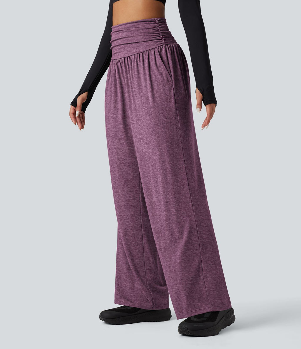 Pantalon de yoga large froncé chiné taille haute avec poches