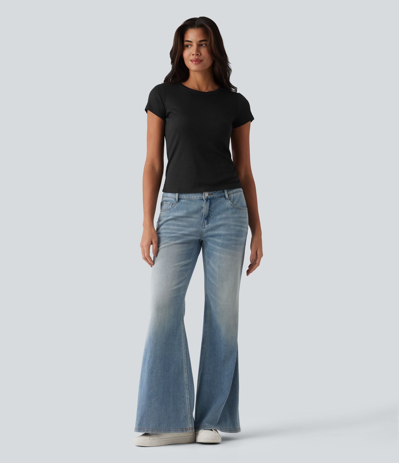 T-shirt casual semi-transparent côtelé maille col rond manches courtes