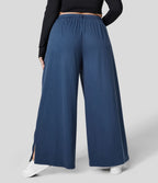Pantalon Large Casual Taille Haute Boutonnés Fermeture Éclair Plissé Poches Latérales Ourlet Fendu Grande Taille