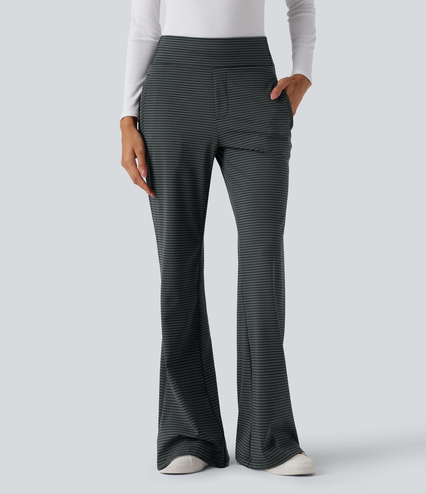 Pantalon de travail évasé taille mi-haute à rayures avec poches zippées