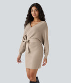 Robe-pull courte décontractée à col V croisé, manches chauve-souris longues et ceinture