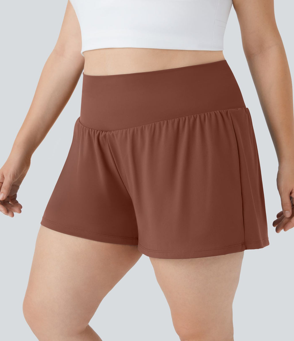 Short Yoga 10cm Plus Longue Taille Ultra Haute 2 en 1 Poche Arrière Poche Cachée Latérale Grande Taille