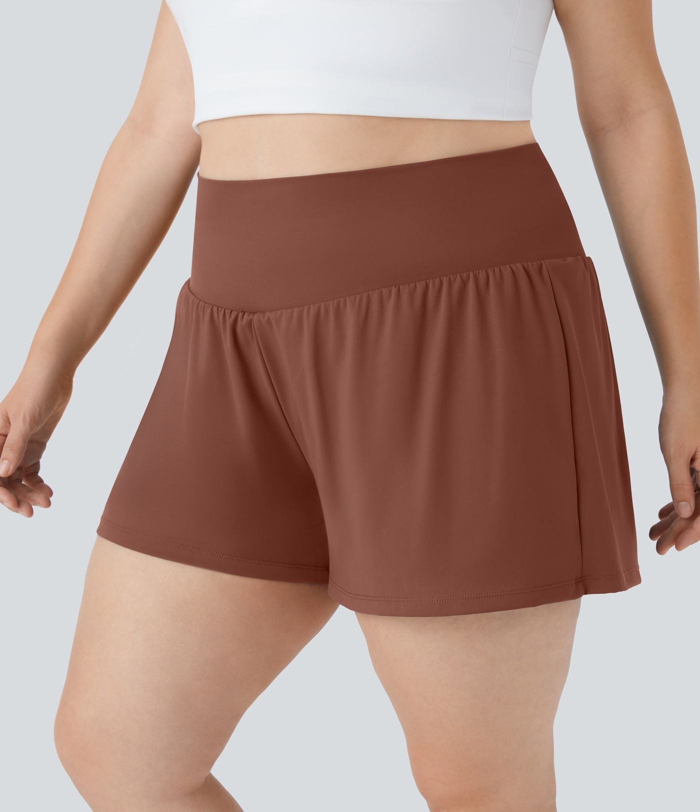 Short Yoga 10cm Plus Longue Taille Ultra Haute 2 en 1 Poche Arrière Poche Cachée Latérale Grande Taille
