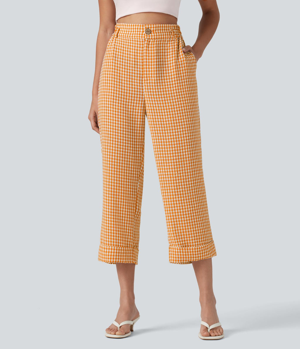 Pantalon 7/8 décontracté aspect lin à carreaux taille haute avec poches
