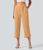 Pantalon 7/8 décontracté aspect lin à carreaux taille haute avec poches