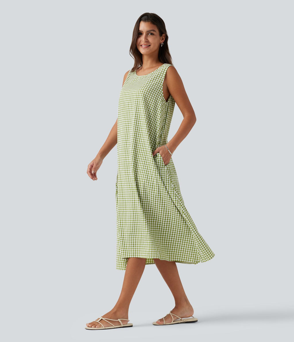 Robe débardeur midi décontractée en vichy froissé, col rond, sans manches, à poches
