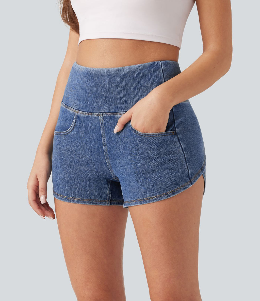 Halara Flex™ Short casual en jean skinny gainant taille haute à ourlet arrondi avec poches