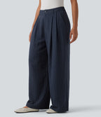Pantalon bureau taille haute rayé, coupe ample avec poches