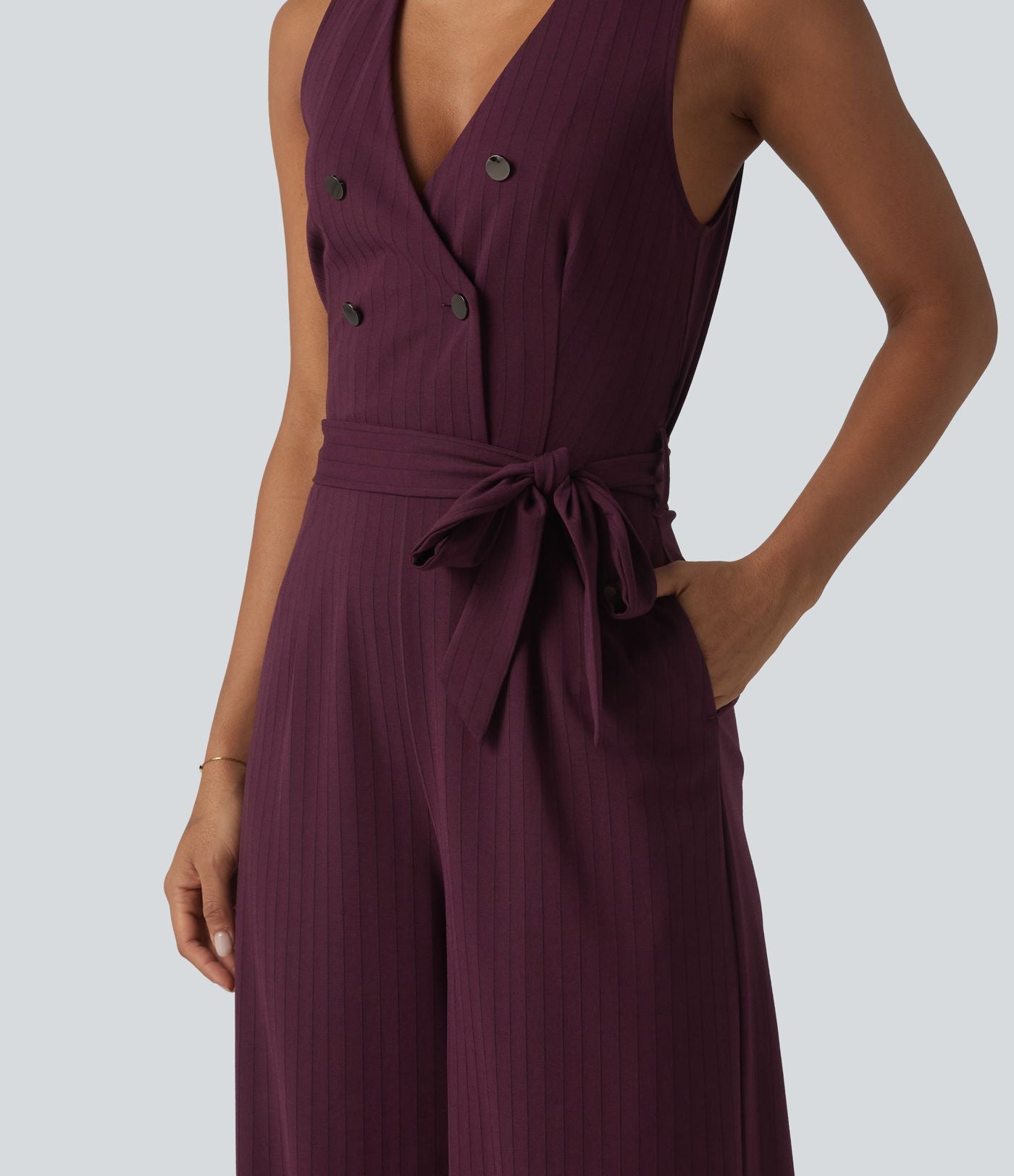 Combinaison tailleur sans manches à col V, ceinturée, avec zip invisible, rayures et effet frais avec poches, accès facile Easy Peasy