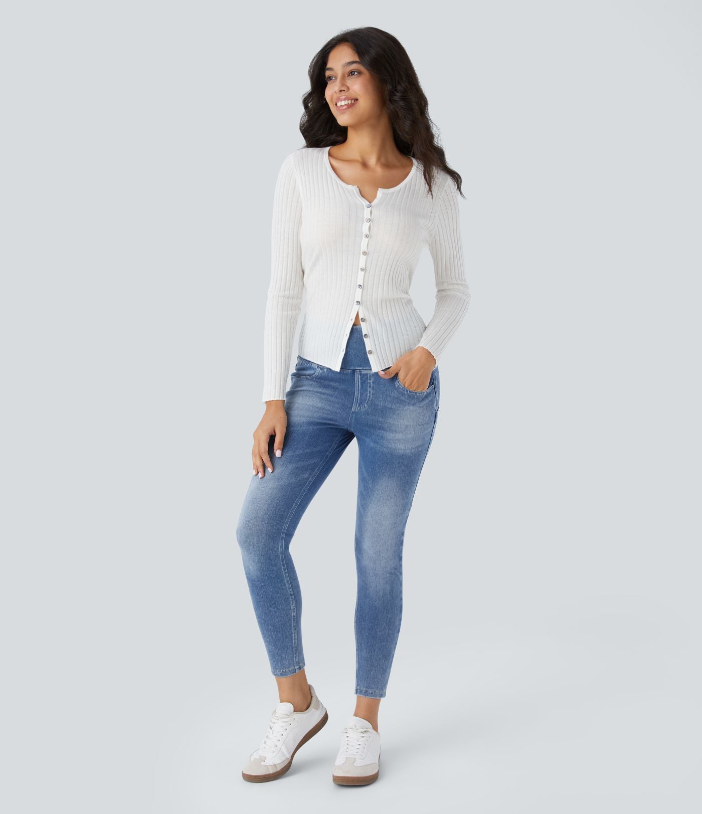 Legging 7/8 décontracté taille haute effet denim avec poches