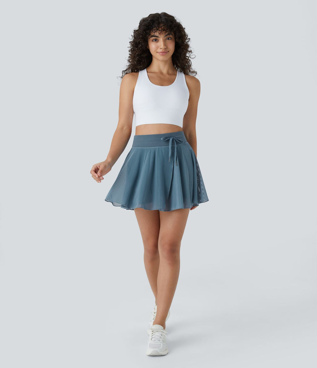 Jupe Casual Évasée Fluide 2 en 1 en Maille Contrastée Taille Haute Cordon de Serrage Poche Latérale