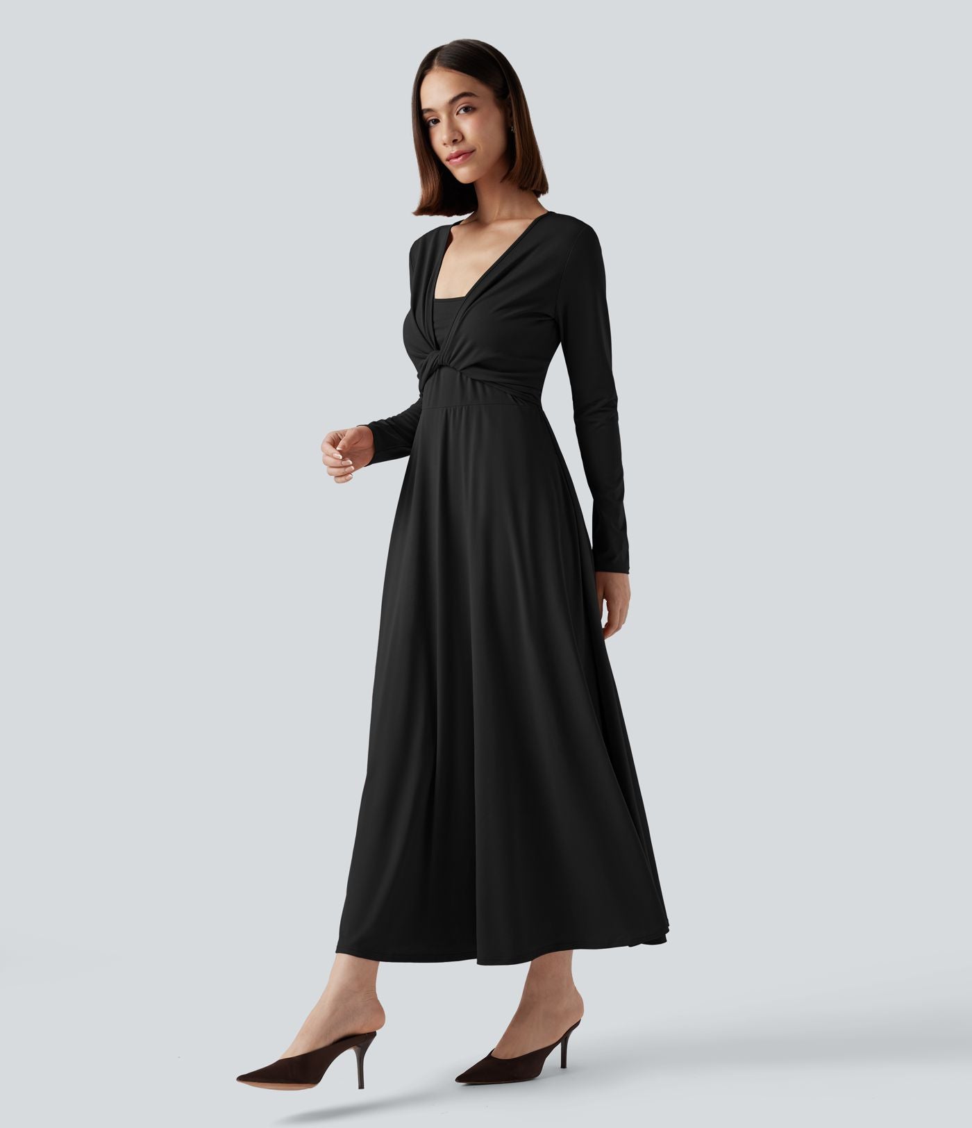 Robe mi-longue deux pièces à manches longues effet cache-cœur avec nœud au dos et poches