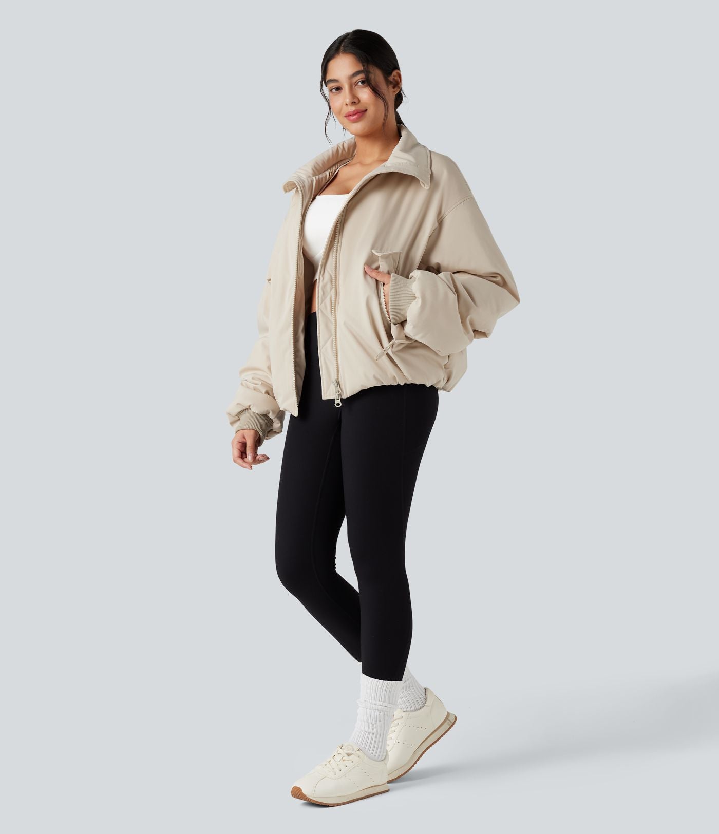 Doudoune casual zippée à col montant et manches longues avec poches
