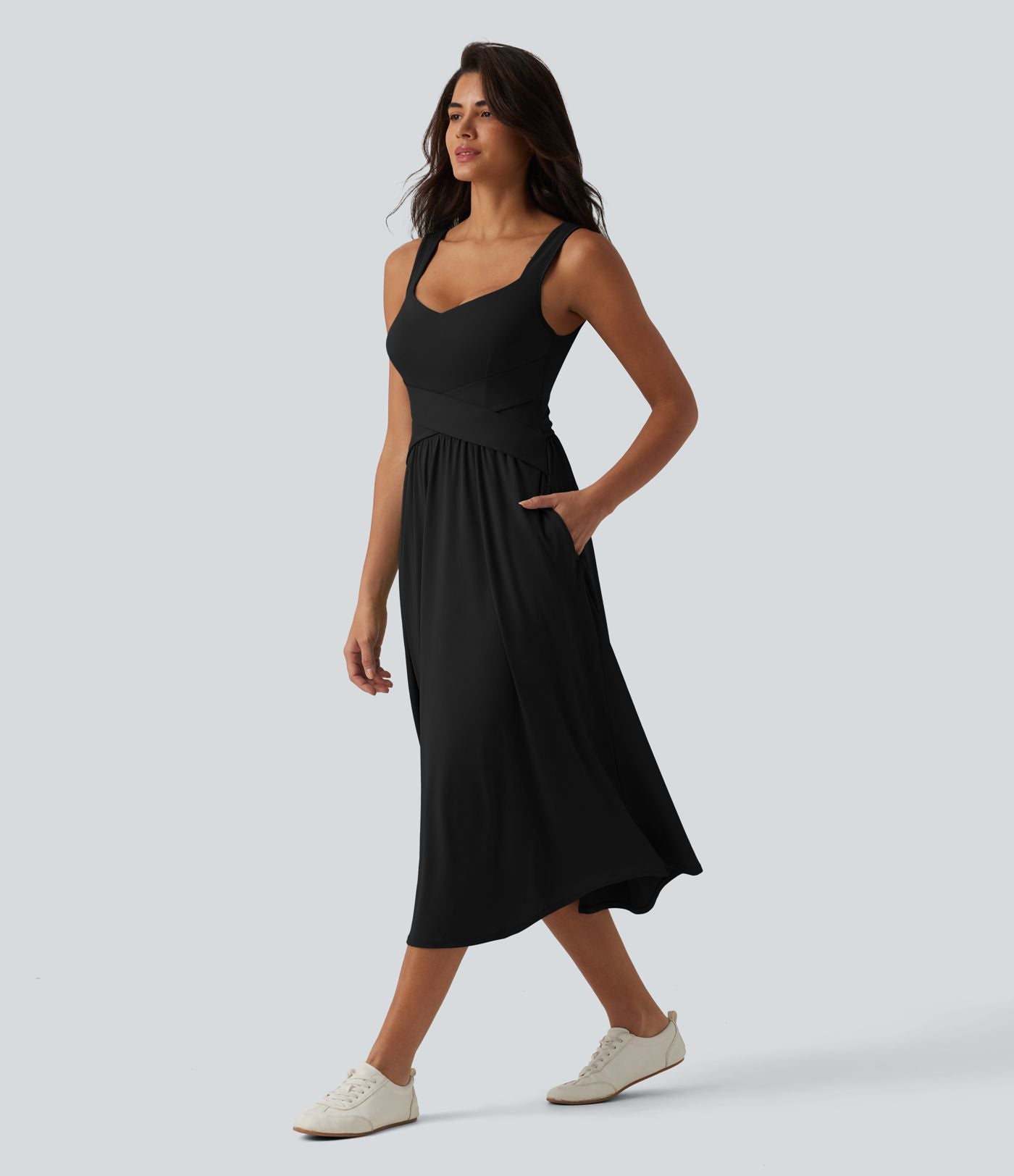 Robe midi fluide sans manches dos croisé, avec brassière intégrée (Bonnets E-G) et poches