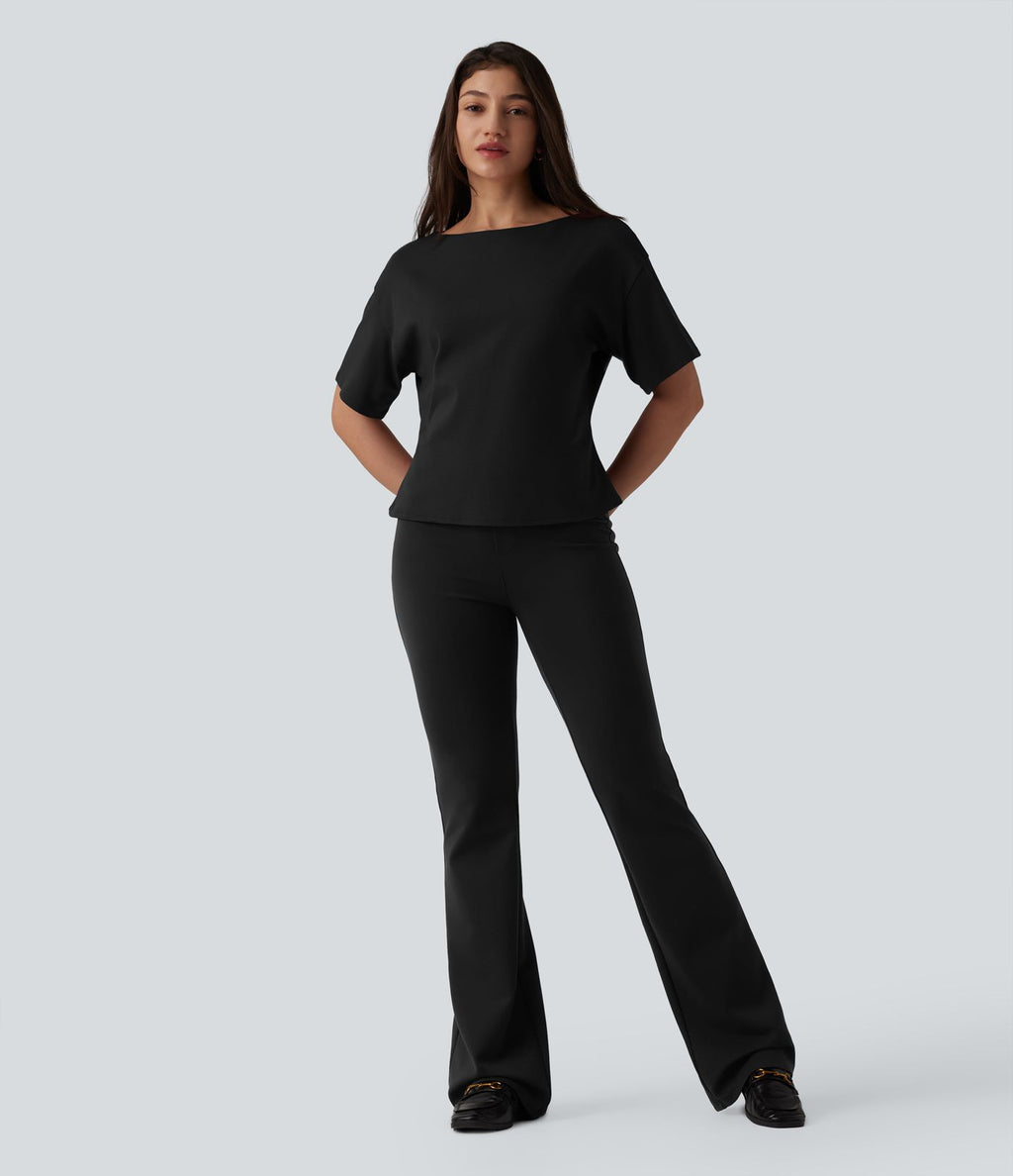 T-shirt tailleur col bateau manches courtes en coton