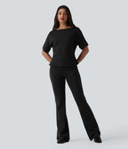 T-shirt tailleur col bateau manches courtes en coton
