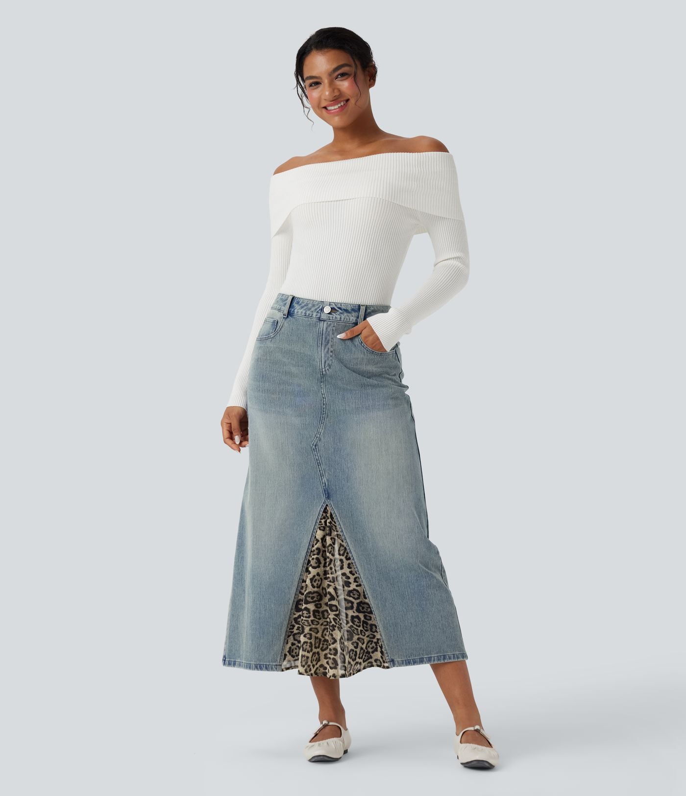 Jupe denim mi-longue Halara Flex™ évasée taille mi-haute mesh léopard contrastant avec poches