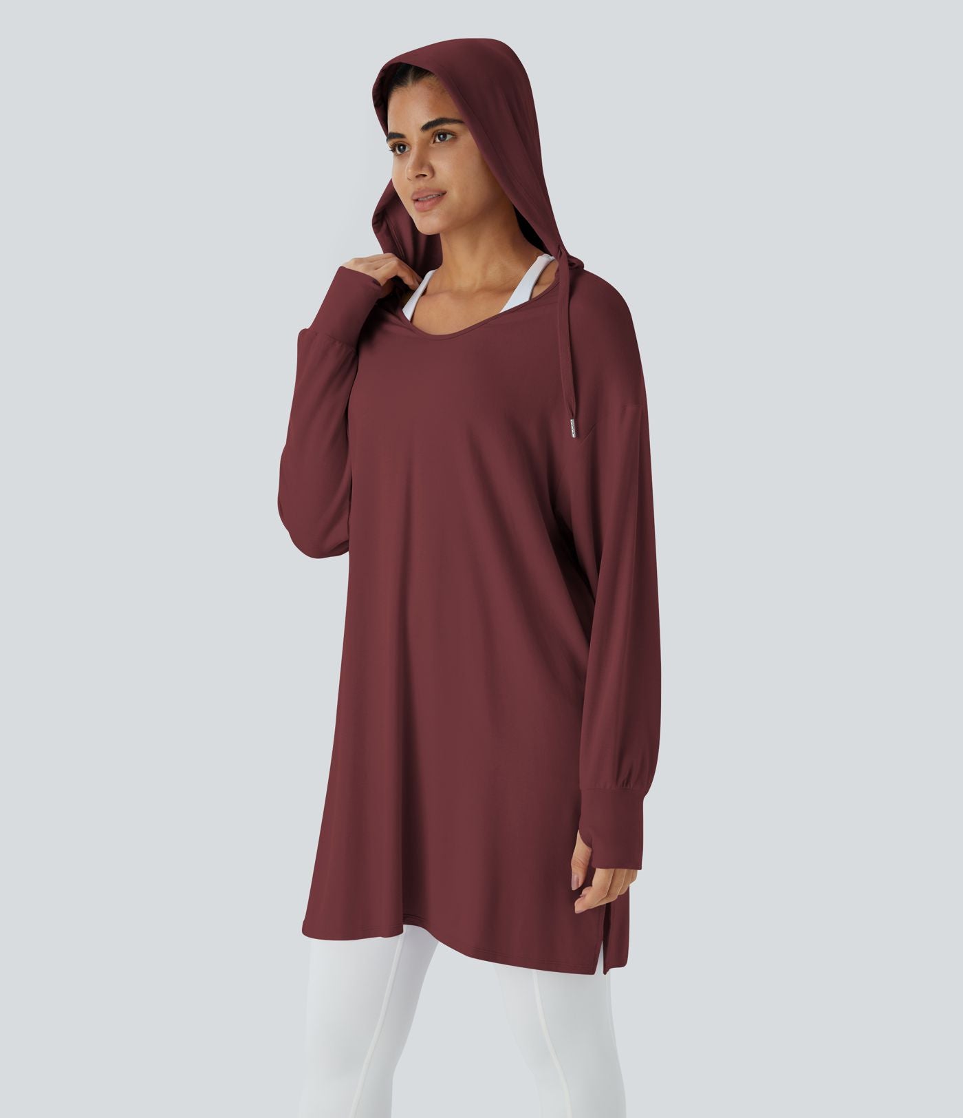 Sweatshirt Casual à Capuche Encolure en V Cordon de Serrage Trou pour le Pouce Fente et Coupe Longue