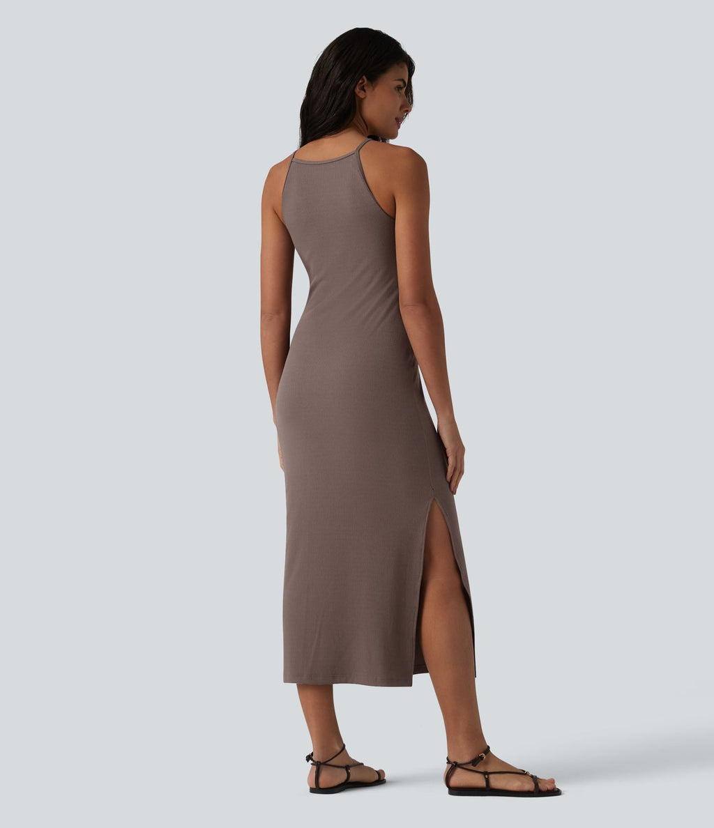 Robe midi à bretelles col rond en maille côtelée