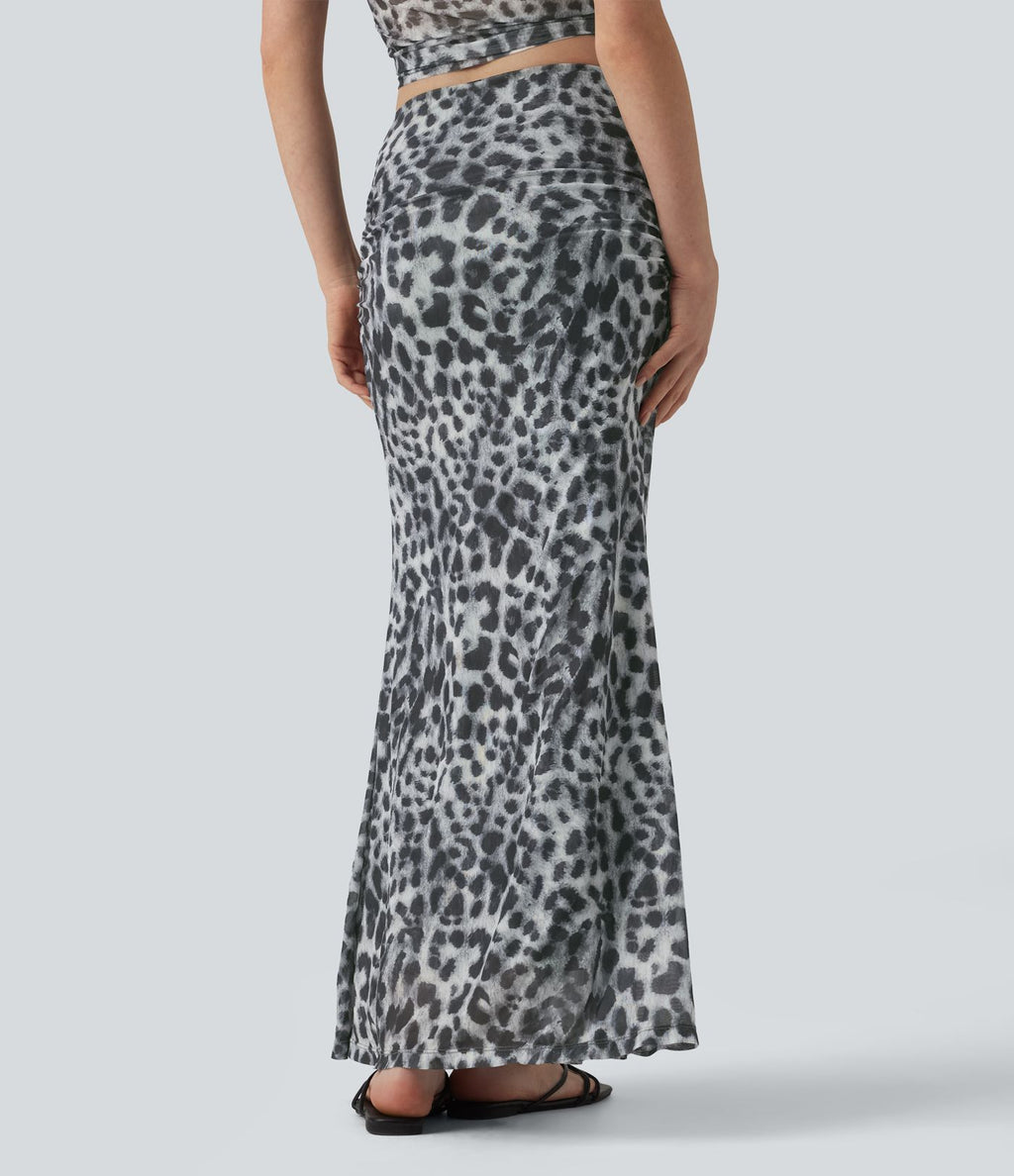 Jupe longue sirène de soirée mesh imprimé léopard avec fronces taille mi-haute