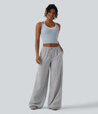 Pantalon large casual taille basse aspect lin rayures avec cordon de serrage et poches