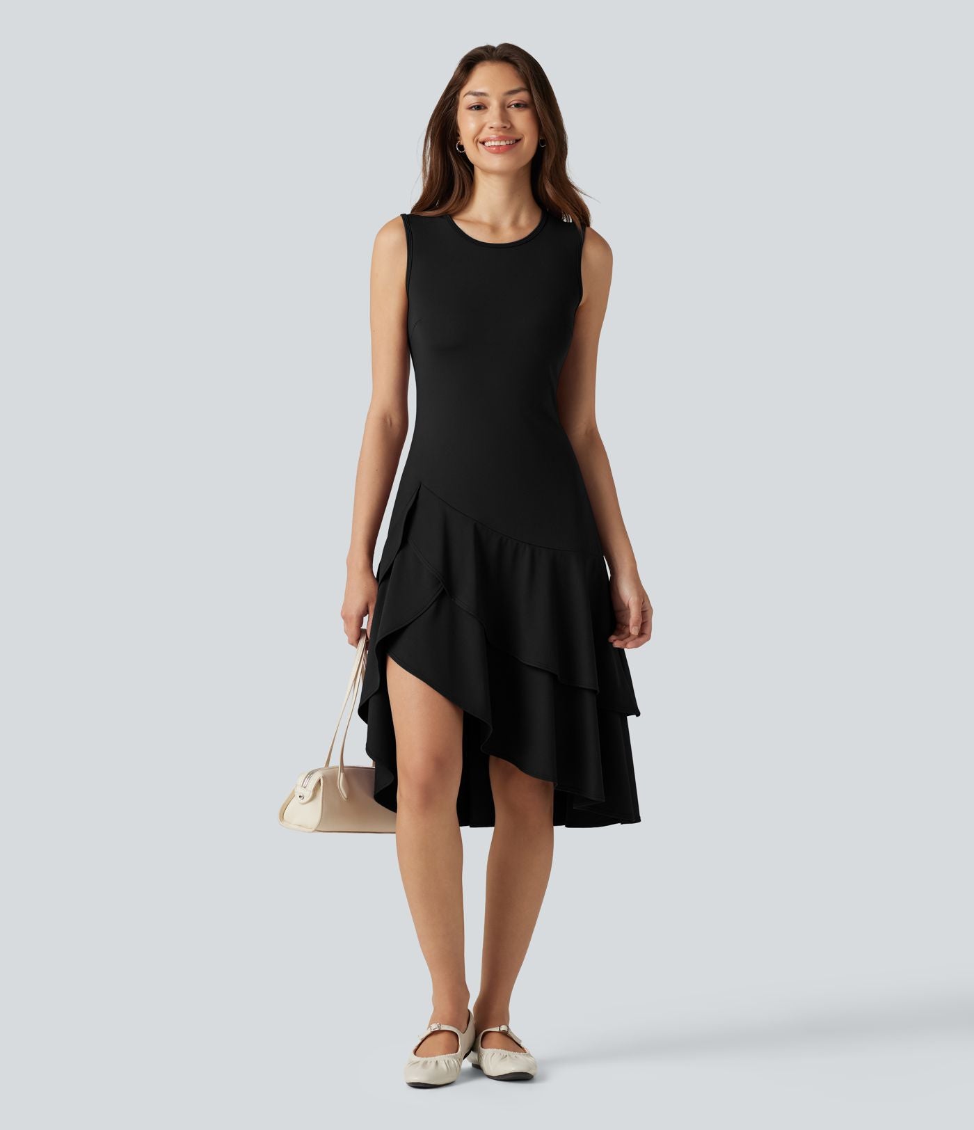 Robe midi décontractée SoftlyZero™ Airy col rond, sans manches, ourlet à volants étagés, à effet frais InstantCool