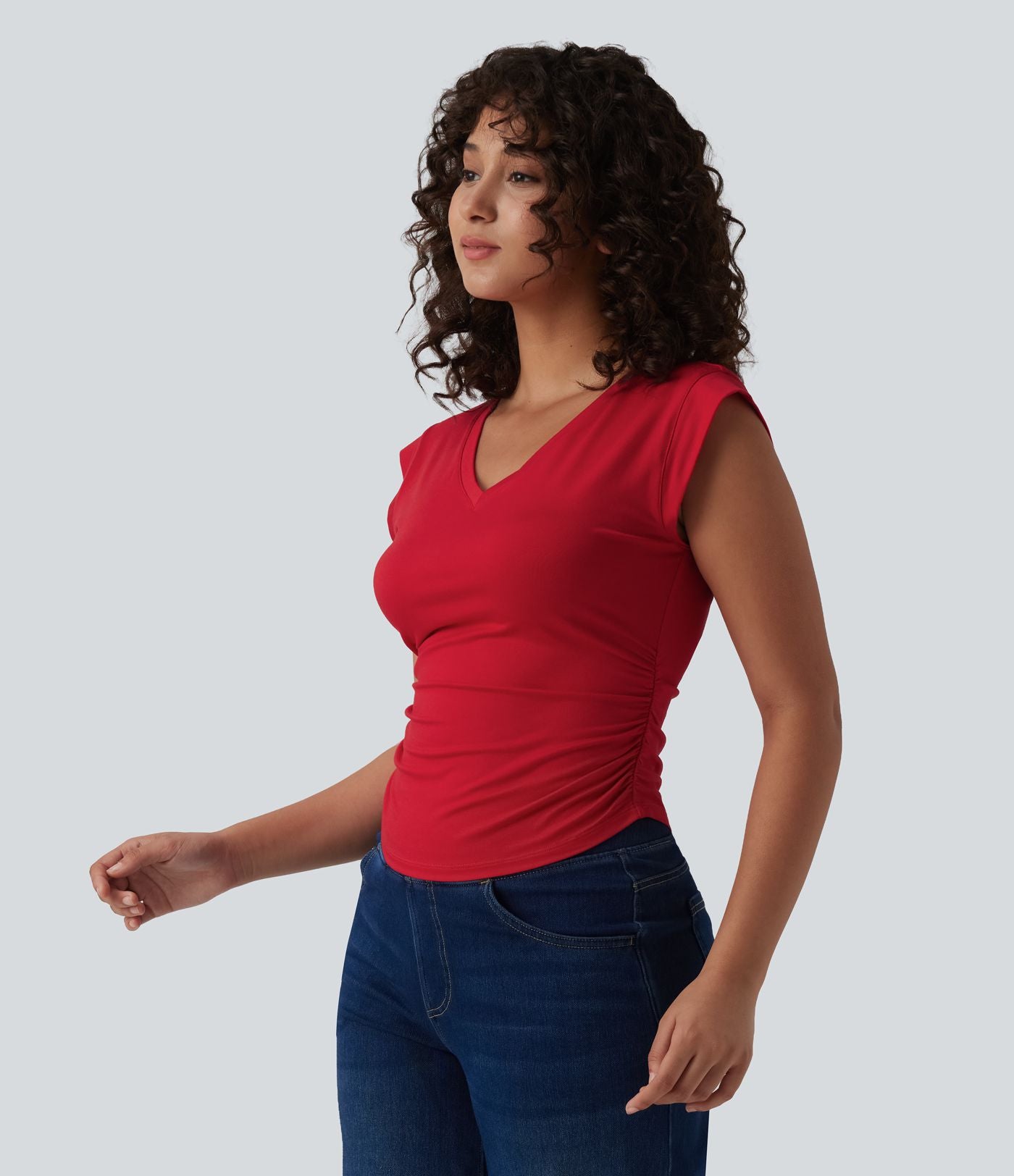 T-shirt décontracté col V manches courtes ourlet arrondi froncé