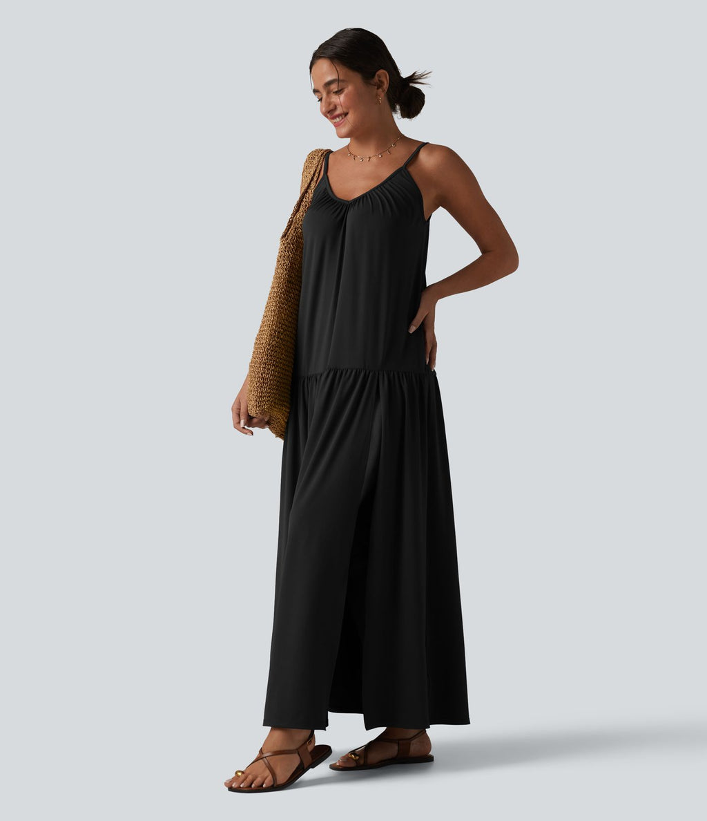 Robe nuisette maxi fluide col V ourlet fendu style vacances
