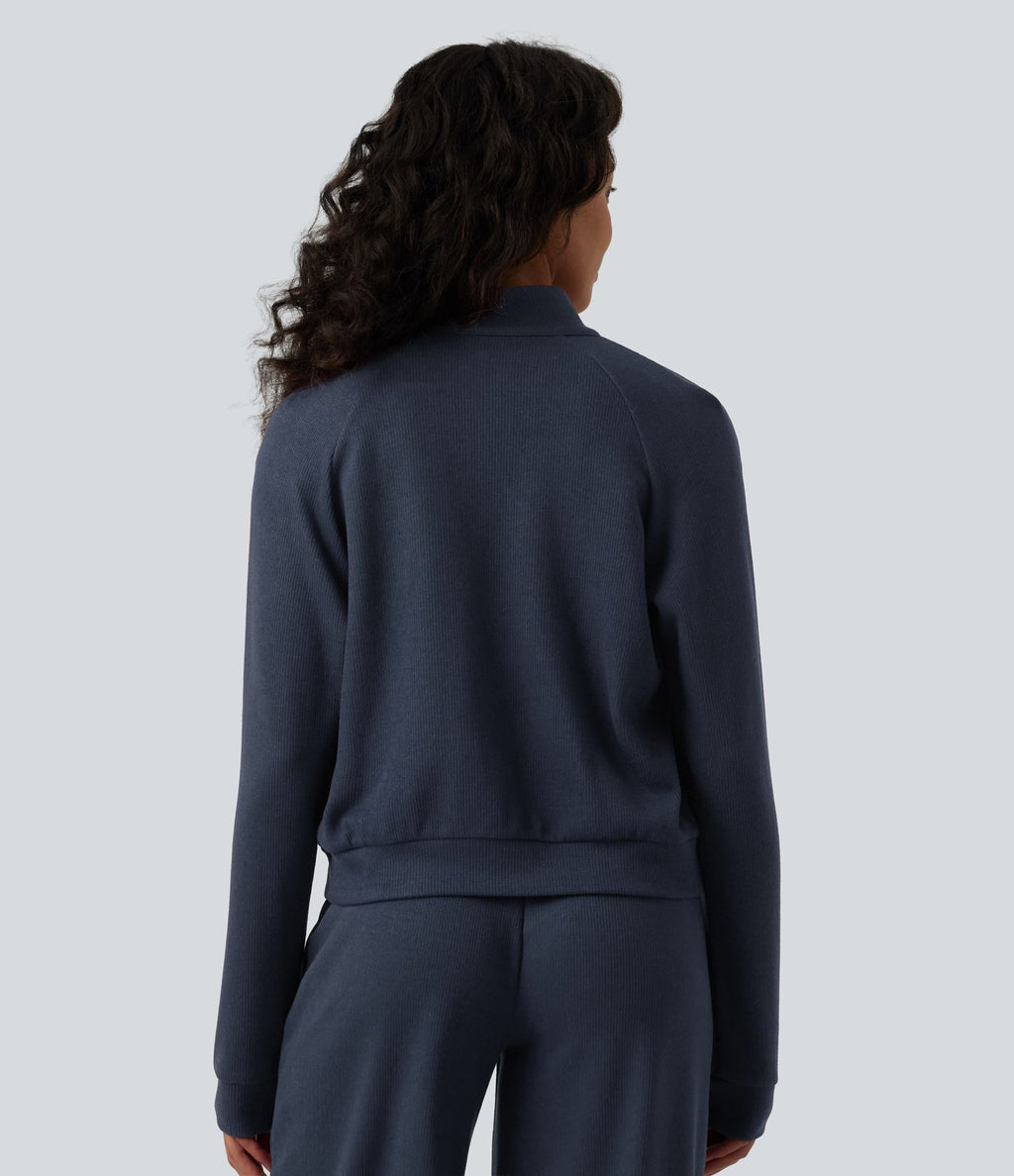 Veste casual côtelée à col montant, manches longues et fermeture zippée avec poches
