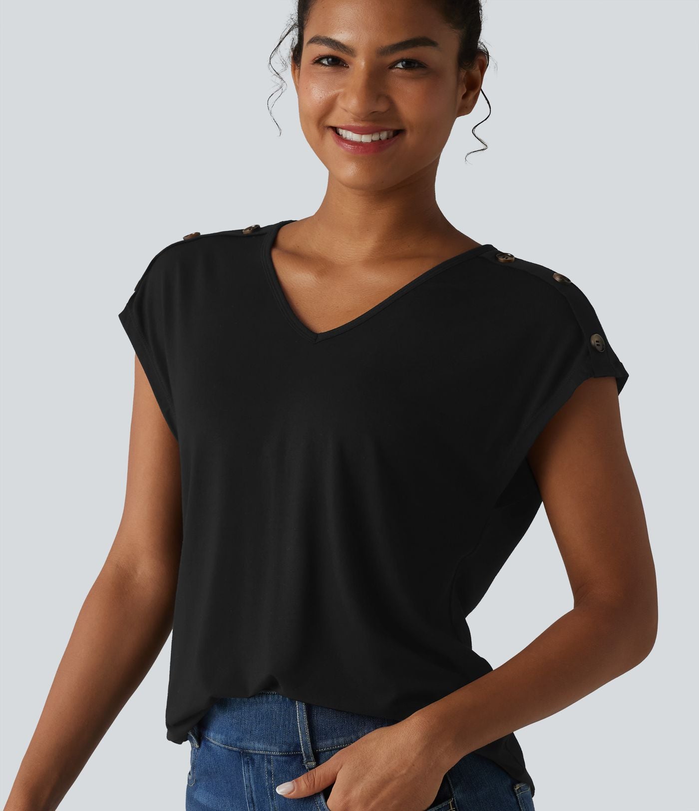 T-shirt décontracté col V manches courtes boutons décoratifs