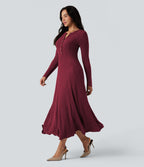 Robe longue fluide maille côtelée col henley manches longues