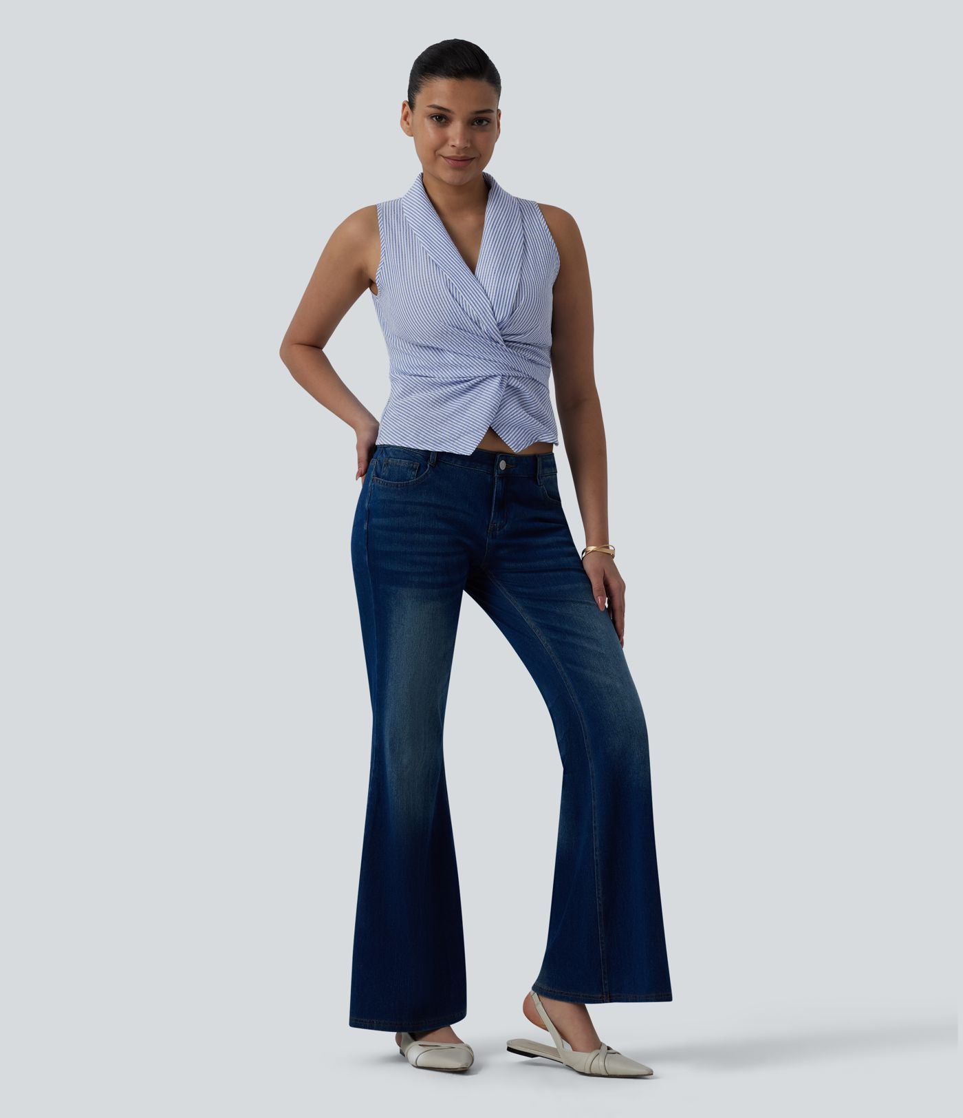 Chemise décontractée à rayures, col V, sans manches, dos noué