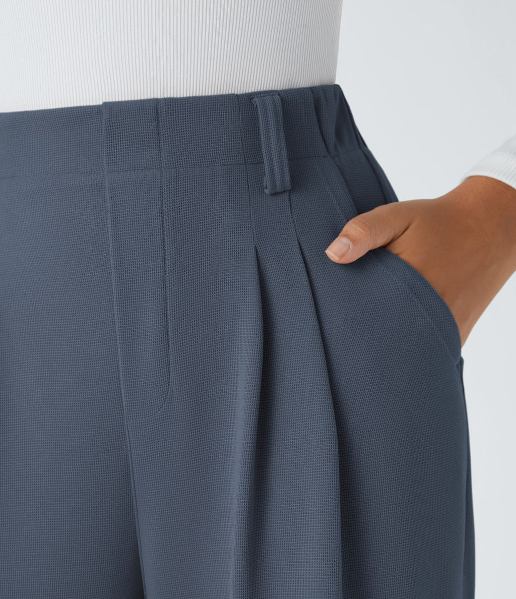 Halara Flex™ Pantalon Tailleur en tissu gaufré à taille haute, jambes larges, plis et poches latérales