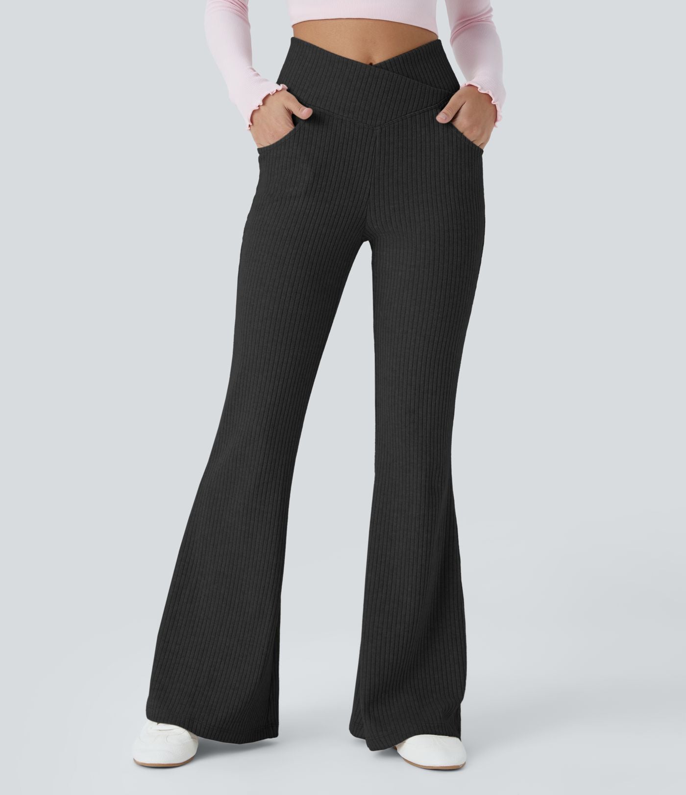 Pantalon Taille Haute Casual Évasés en Tricot Côtelé avec Poches Latérales et Croisé