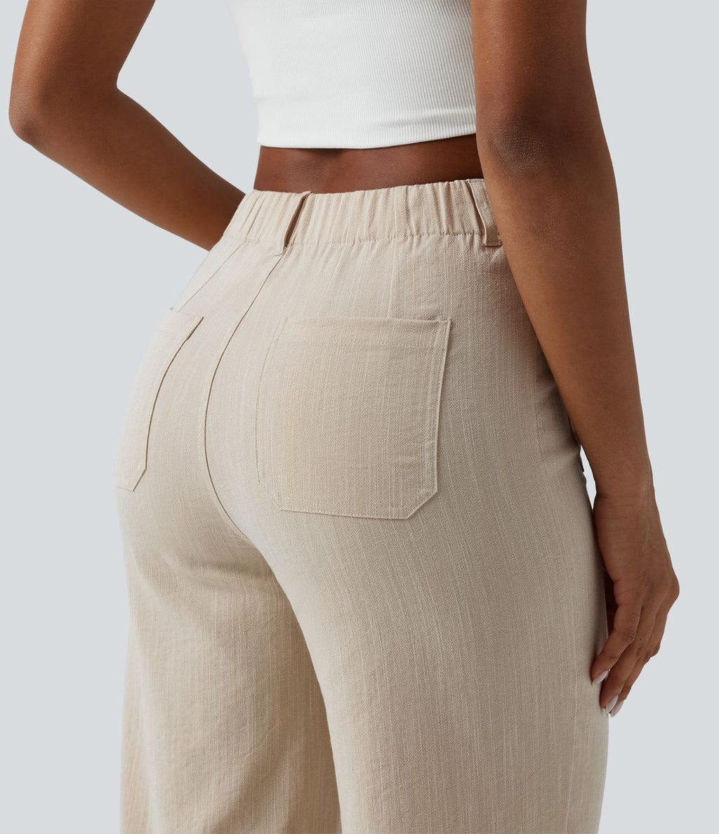 Pantalon taille haute coupe droite effet lin avec poches