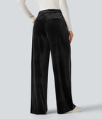 Pantalon velours color block coupe droite taille haute avec poches