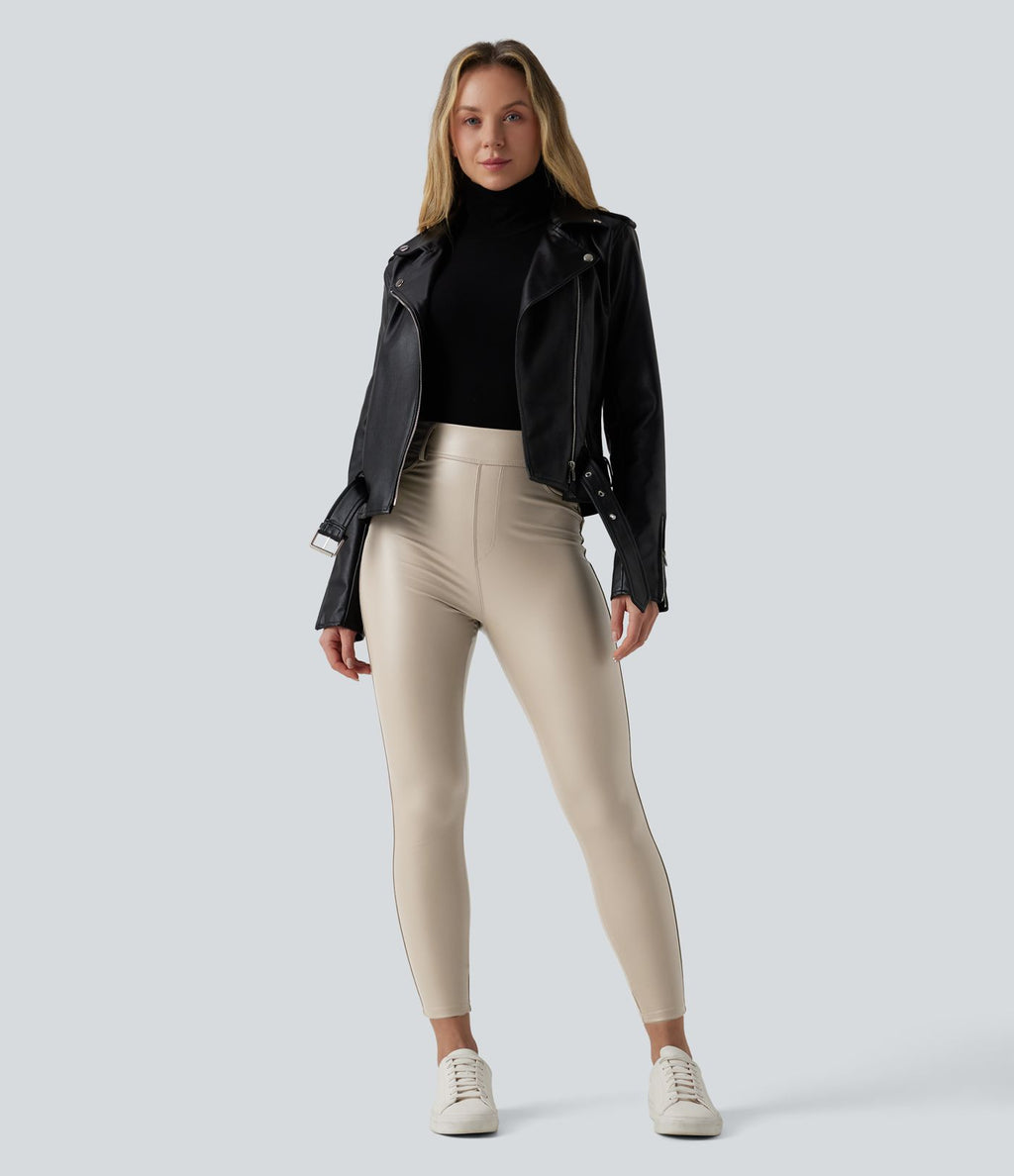 Pantalon polaire simili cuir extensible taille haute avec poches