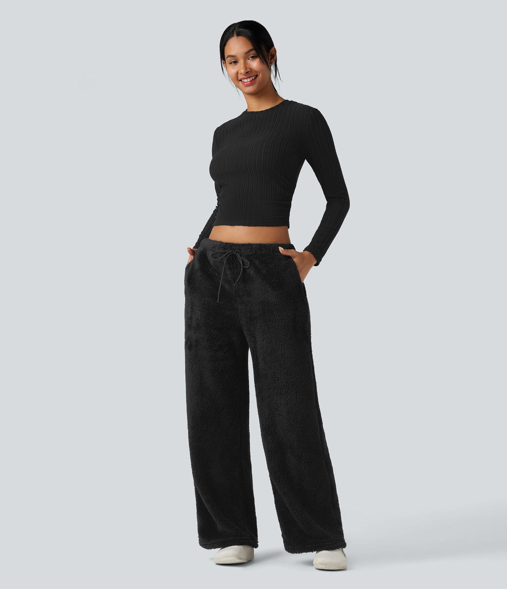 Pantalon coupe droite teddy taille mi-haute avec cordon de serrage et poches