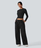 Pantalon coupe droite teddy taille mi-haute avec cordon de serrage et poches