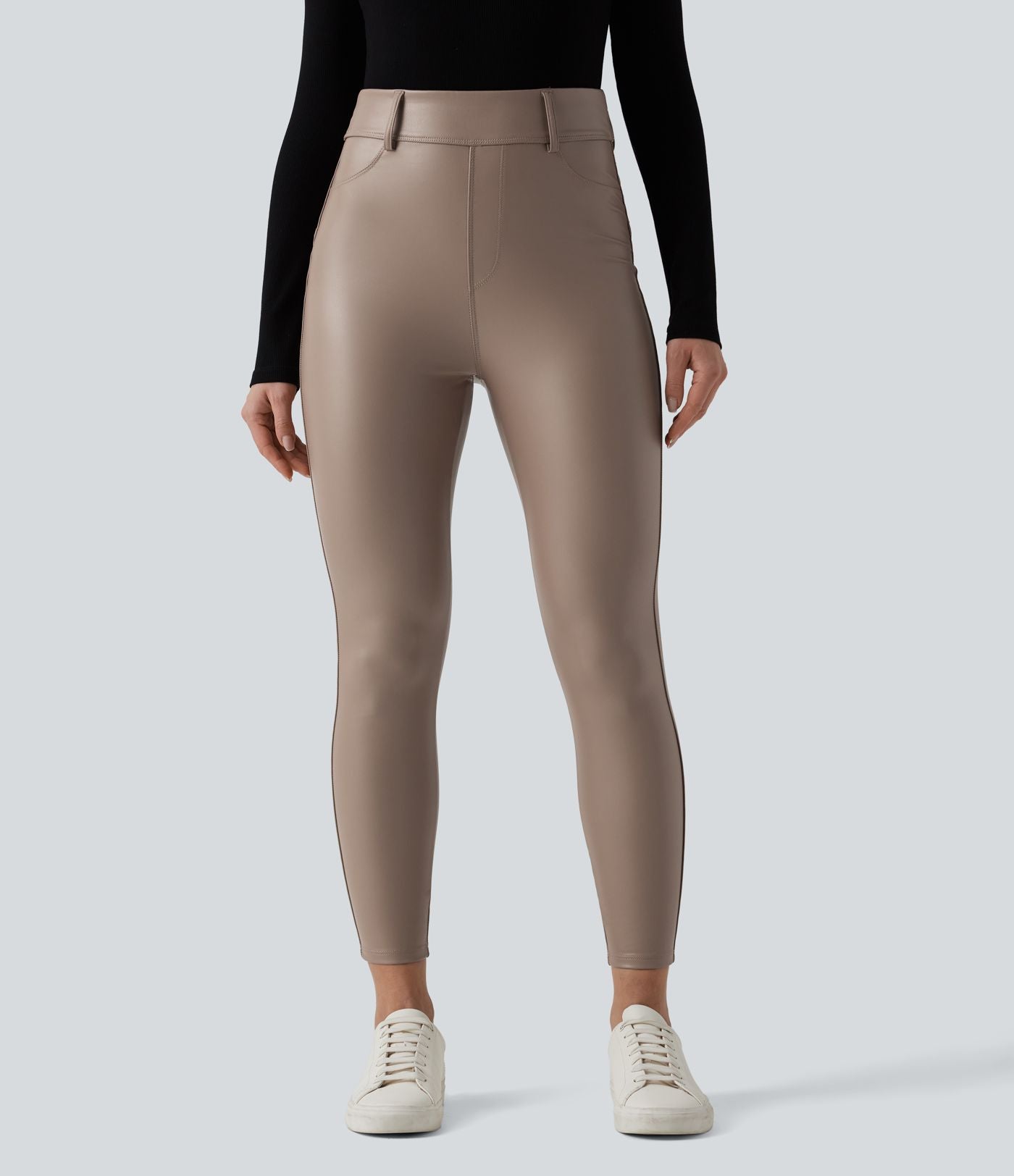 Pantalon polaire simili cuir extensible taille haute avec poches