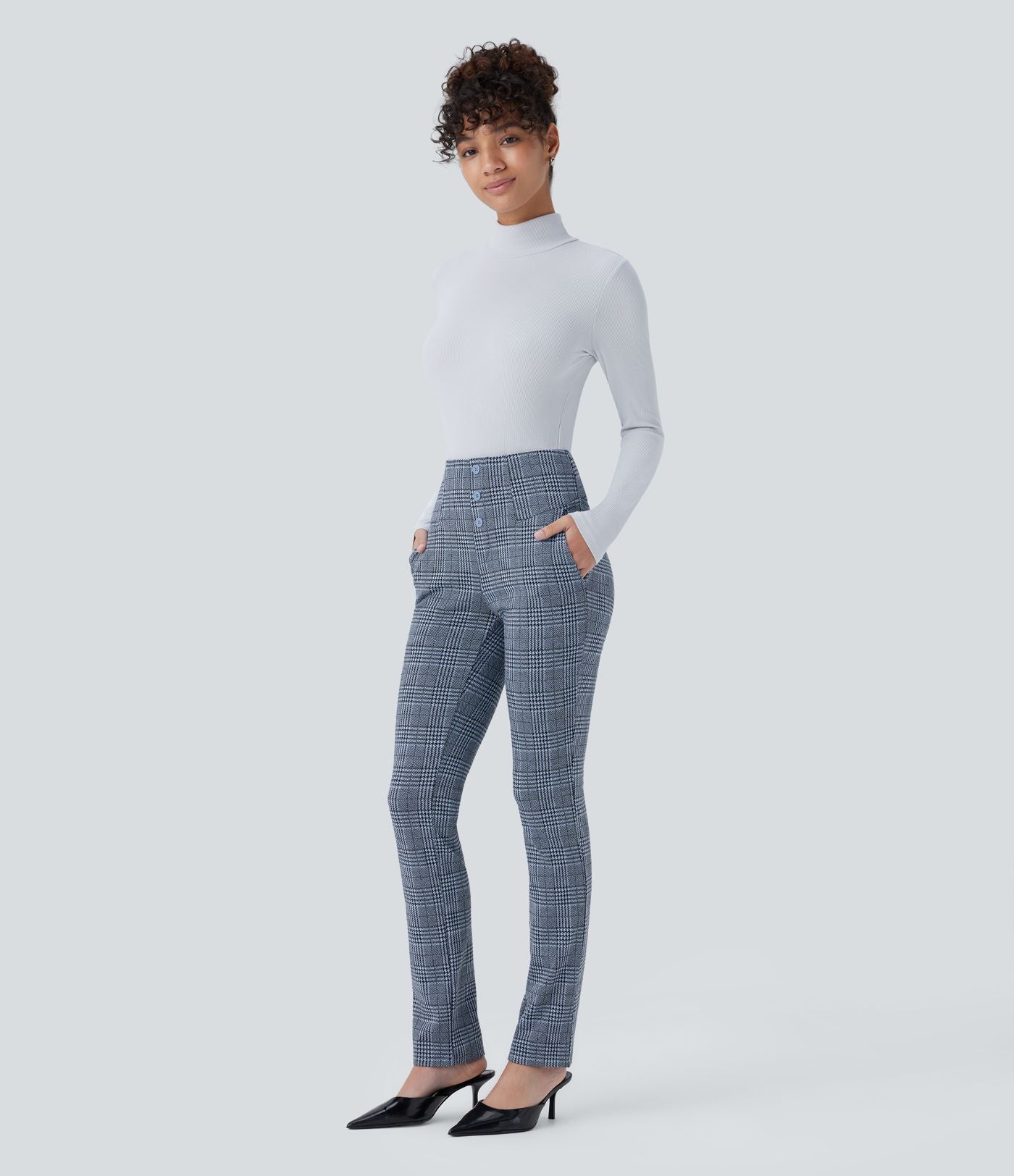 Halara Flex™ Pantalon tailleur Cintrés à Taille Haute avec Boutons Décoratifs Poches Latérales et Imprimé Pied-de-Poule