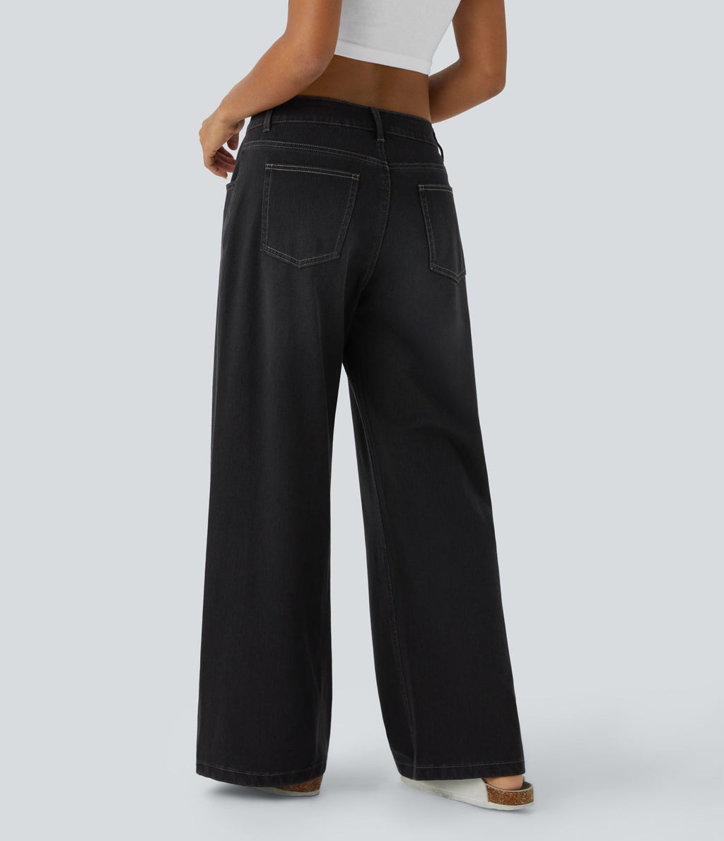 Halara Flex™ Jean Large Casual Taille Basse avec Boutons Zip Multiples Poches Lavés Élastiques et Tricotés