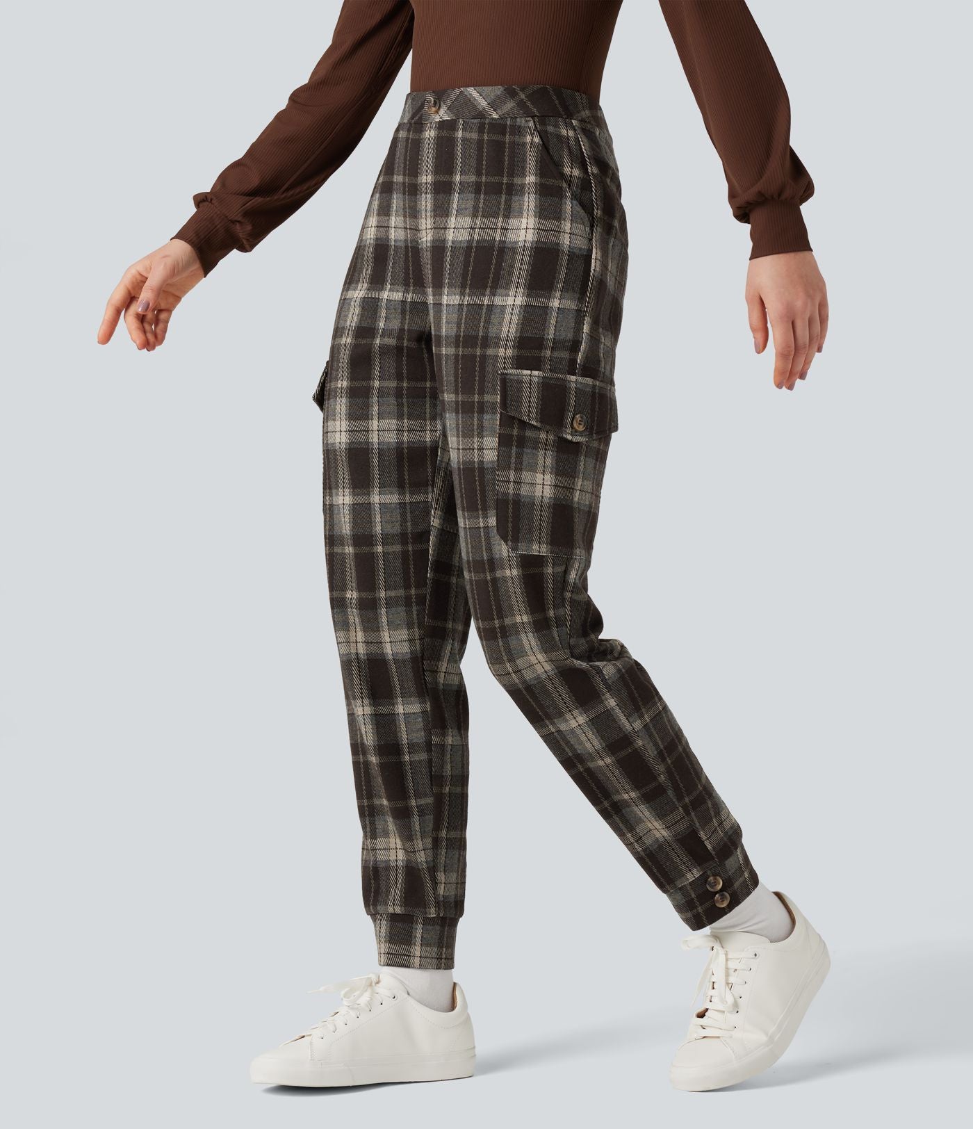 Jogging cargo tailleur carreaux taille mi-haute avec poches
