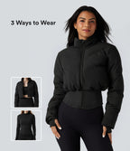 PuffFlex Manteau doudoune 3-en-1 court casual à col montant et veste à ourlet arrondi avec passants pouces et poche