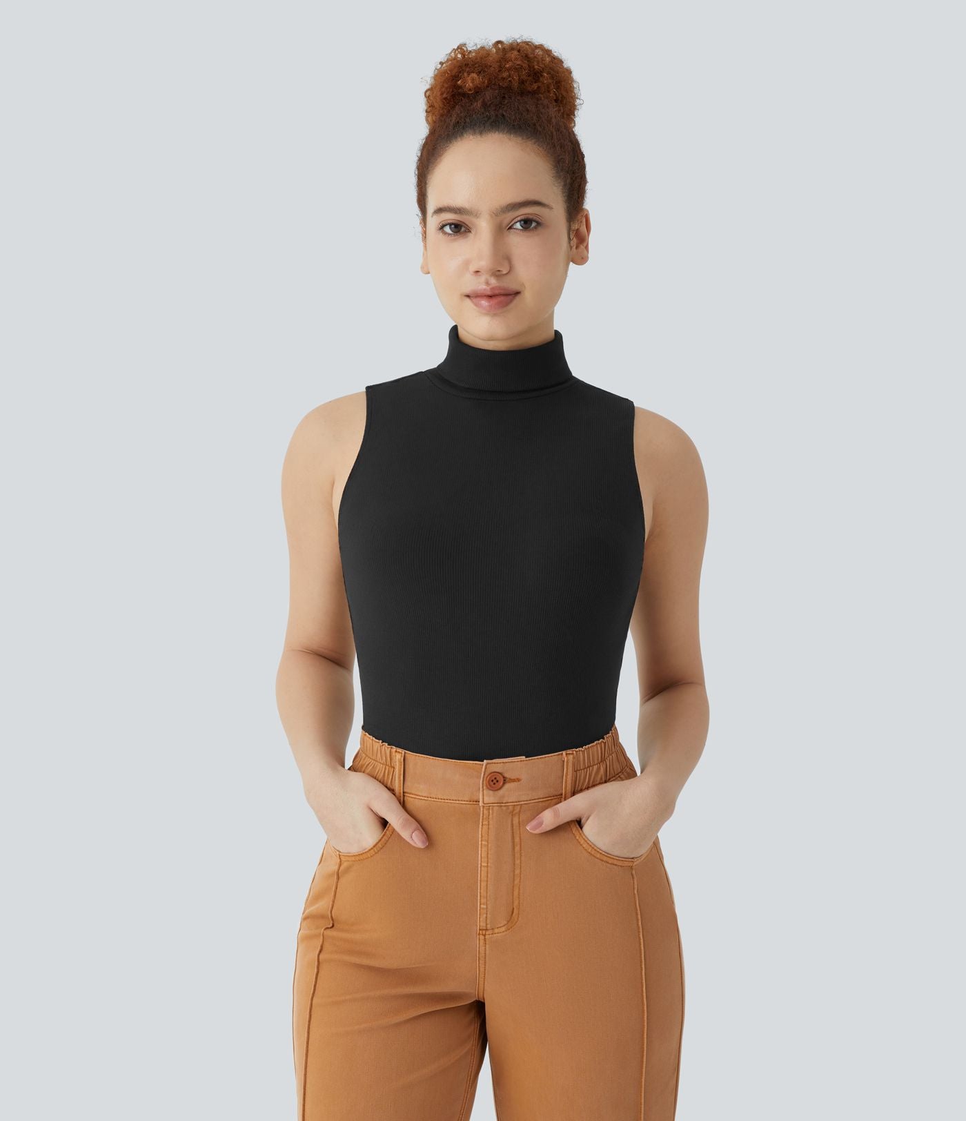 T-shirt Casual sans Manches en Tricot Côtelé à Col Haut