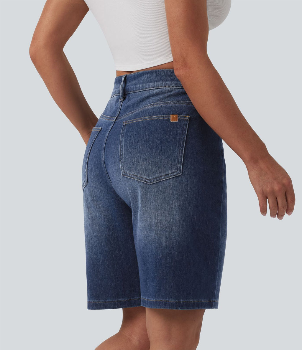 Short denim décontracté Halara Flex™ asymétrique délavé taille haute 23 cm avec poches