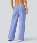 Pantalon de yoga déperlant résistant à l'usure taille basse avec cordon ajustable, poches latérales et jambes droites