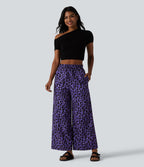 Pantalon large et fluide à imprimé léopard, taille haute avec cordon de serrage et poches latérales