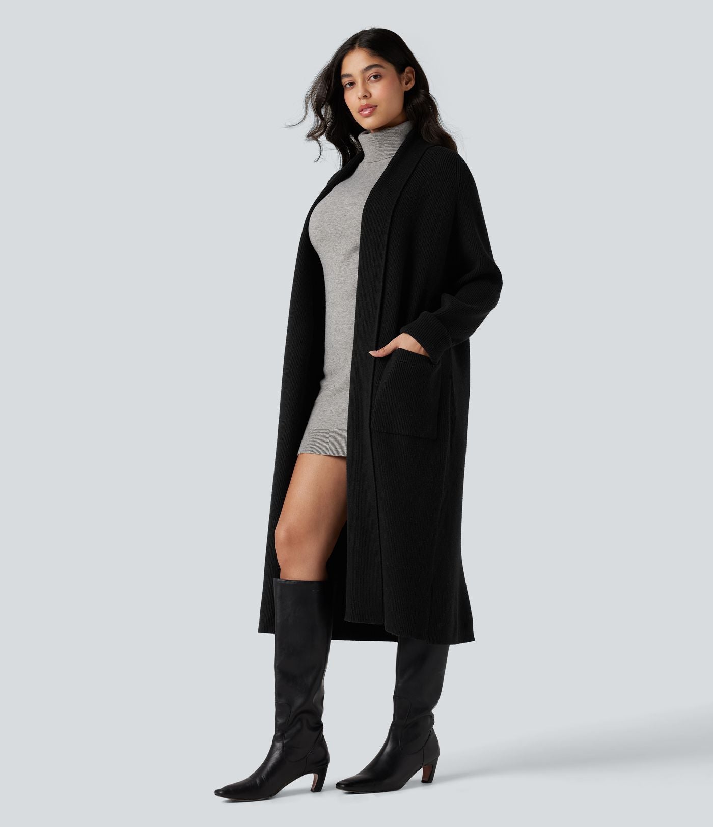Cardigan long tailleur manches longues avec poches